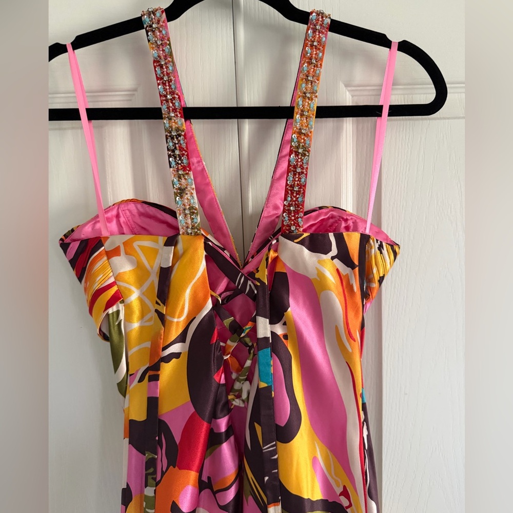 Faviana Couture Colorful Embellished Long Satin Maxi Dress Formal Gown Size 12 - Picture 13 of 16